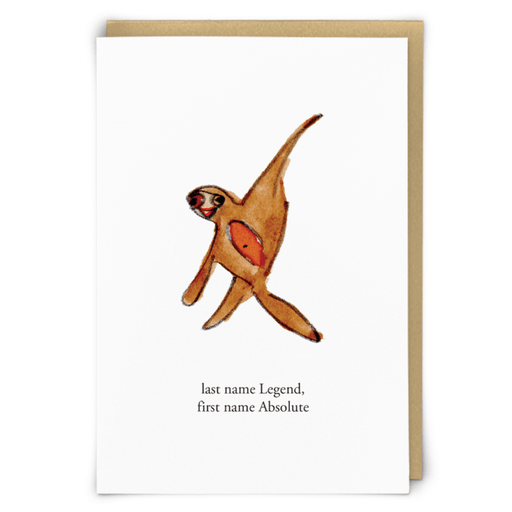 Zeppelinmoon Legend greeting card with an illustrated sloth and the text last name Legend, first name Absolute