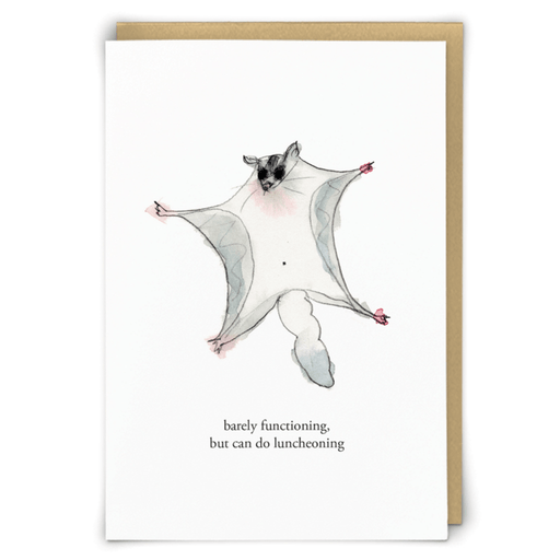 Zeppelinmoon Luncheoning greeting card featuring an illustrated flying squirrel with the words barely functioning but can do luncheoning