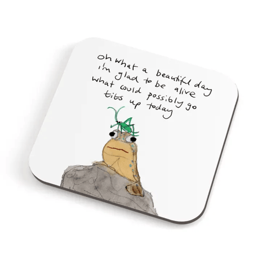 Zeppelinmoon funny rude mudskipper coaster with illustrated mudskipper on a rock and humorous quote