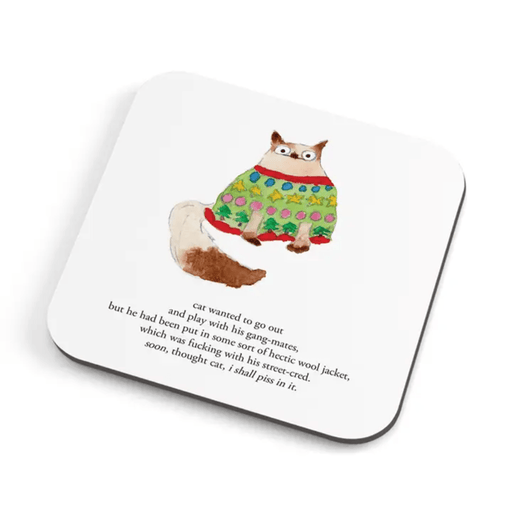 Zeppelinmoon funny rude cat coaster featuring a quirky cat in a colourful jumper with a sweary quote