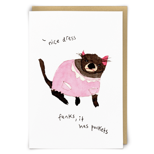 Zeppelinmoon Pockets greeting card with a cute illustrated animal in a pink dress and the text fanks, it has pockets