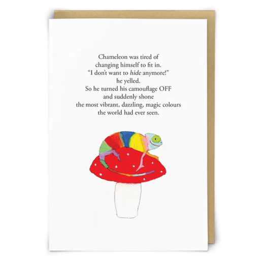 Zeppelinmoon rainbow chameleon inspirational greetings card with colourful chameleon on a red mushroom and uplifting quote