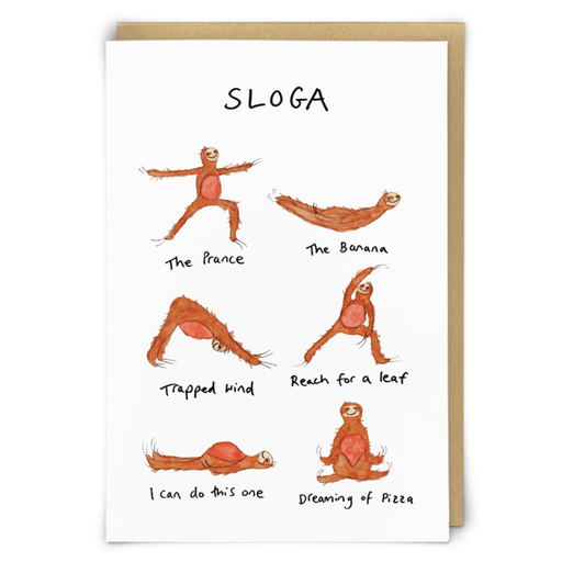 Zeppelinmoon Sloga greeting card with sloth yoga pose illustrations and pose names including The Banana and Dreaming of Pizza