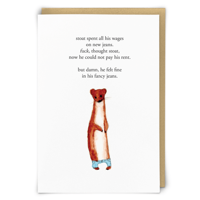 Zeppelinmoon stoat in jeans greeting card - stoat illustration and poem
