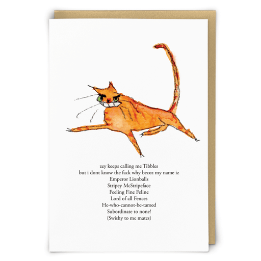 Zeppelinmoon Swishy greeting card with an illustrated ginger cat and a funny poem about being called Tibbles and having a very grand name