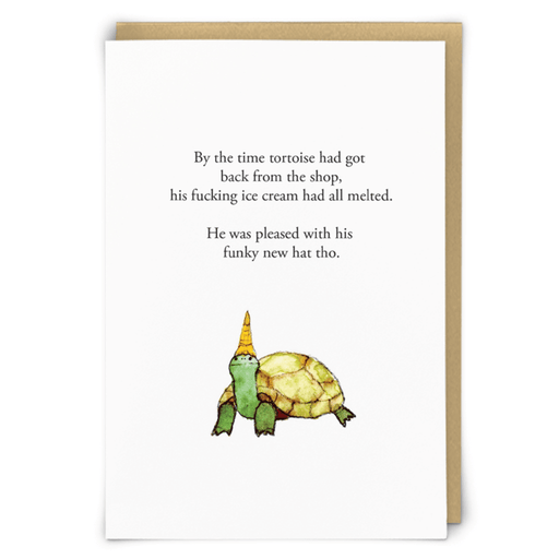 Zeppelinmoon Tortus greeting card with an illustrated tortoise wearing a party hat and a funny rude poem about melted ice cream