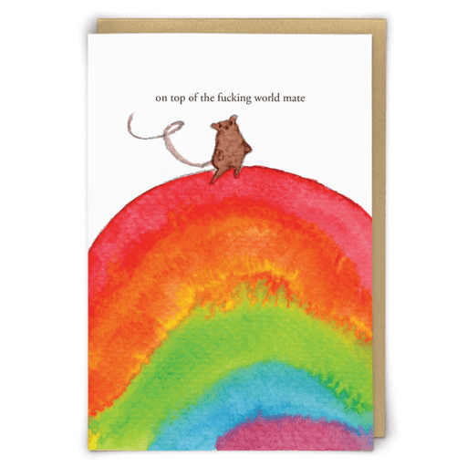 Zeppelinmoon World greeting card featuring a tiny illustrated mouse standing on a colourful rainbow world with a sweary celebration message