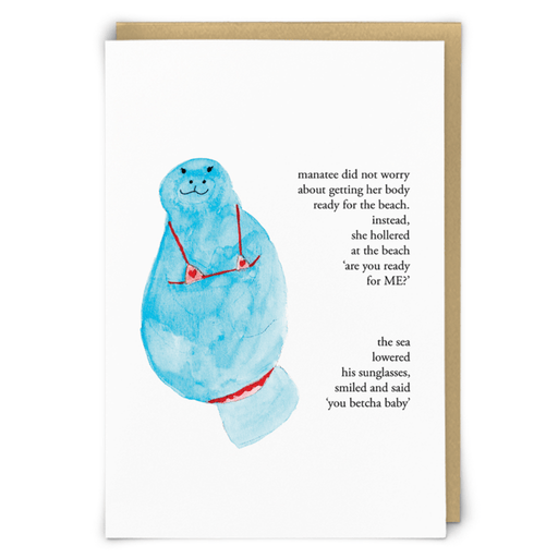 Illustrated Zeppelinmoon You Betcha greeting card featuring a blue manatee in a red bikini with a funny beach poem and kraft envelope