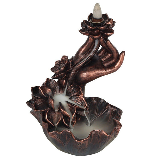 Bronze Effect Backflow Incense Burner - Hand with Flower - Something Different Gift Shop